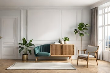 Living room wall mockup in warm interior with wooden slat curved sideboard, trendy green plant in basket and wicker lantern on blank white background. 3D rendering, illustration. Modern living room