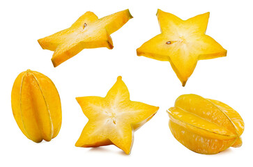 fresh starfruit with slices isolated on a white background.