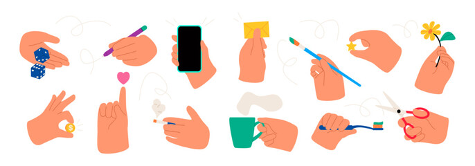 Various hands holding things. Different gestures. Colorful flat vector illustration isolated on white background