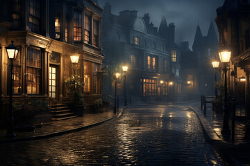 Fototapeta na wymiar Old town street at night with fog and lights, Bruges, Belgium