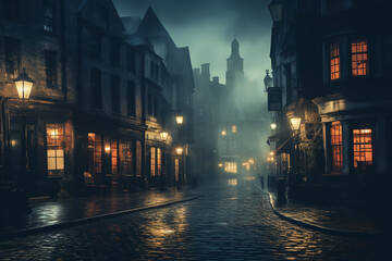 Old town street at night with fog and lights, Bruges, Belgium