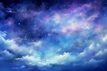 Naklejka na ściany i meble Sky clouds fantasy background with stars and nebula. Vector illustration.