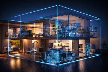 3d rendering of a smart house with a map on the screen