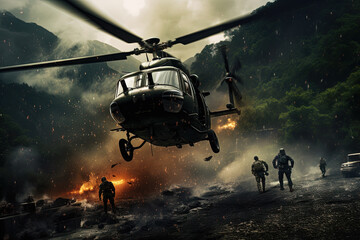 Action shot with helicopter hovering in the air. Dynamic scene in action movie blockbuster style