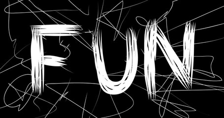 Fun. word animation of old chaotic film strip with grunge effect. Busy destroyed TV, video surface, vintage screen white scratches, cuts, dust and smudges.