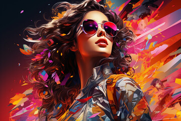 Obraz premium Portrait of a beautiful fashionable woman with curly hair and sunglasses.