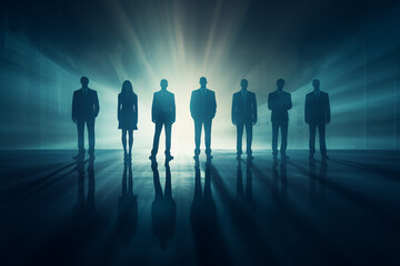 Silhouettes of business people standing in front of a bright light