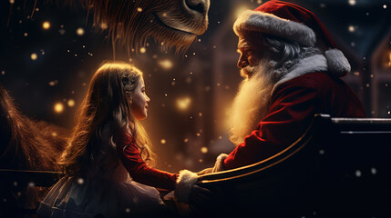 Christmas scene with Santa Claus and girl talking. Winter holiday magic riding with Santa