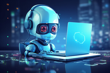 Cute Robot working on laptop with heart icon. 3d illustration.