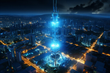 Telecommunication tower in futuristic city at night. 3D rendering.