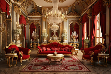 Fototapeta na wymiar Luxury royal interior of royal palace with red velvet sofa and gold walls