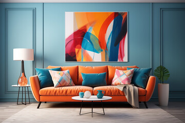 Interior of modern living room with blue sofa and orange cushions and colorful wall