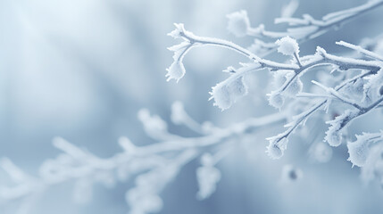 A White beaytiful winter Christmas blurres background. Winter atmospheric natural landscape with frost - covered dry branches during snowfall.