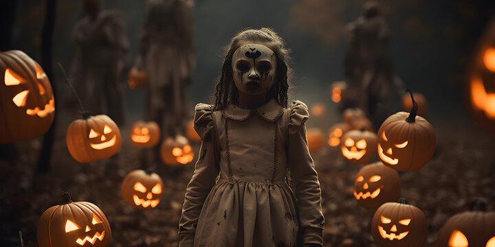 halloween scene with child and jack o lanterns - spooky cinematic photography