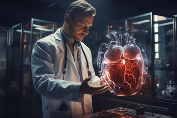 close up of male doctor in virtual reality headset working with x ray projection over office background