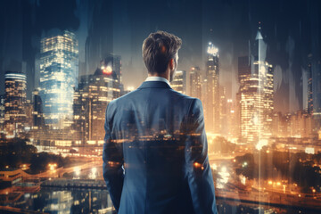 Rear view of businessman looking at night city with skyscrapers - obrazy, fototapety, plakaty