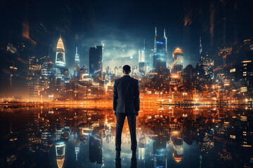 Rear view of businessman looking at night city with skyscrapers