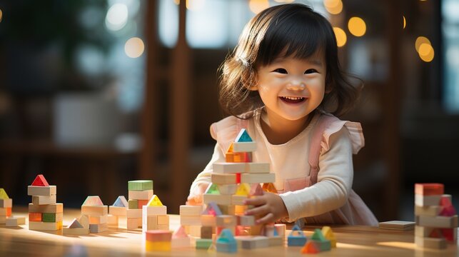 Happy asian todler playing with colorful simple big wooden block