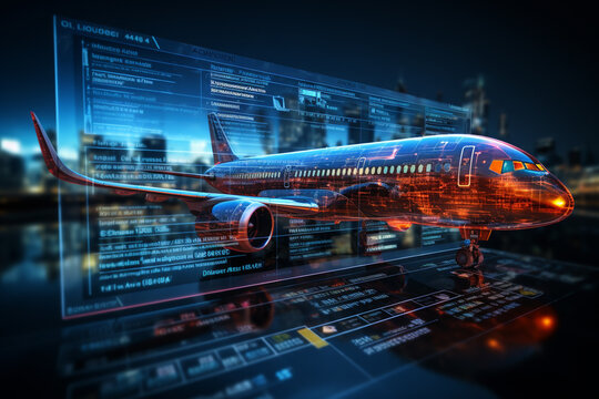 Airplane flying in blue sky and binary code interface. 3D rendering