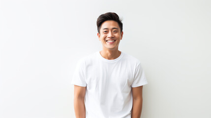 Obraz premium Asian man happy and happy, portrait of asian man with wow face, happy man, looks back at the camera, man wearing white t - shirt is delighted with light gray background.