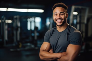 Smiling portrait of a happy young male african american fitness instructor in an indoor gym
