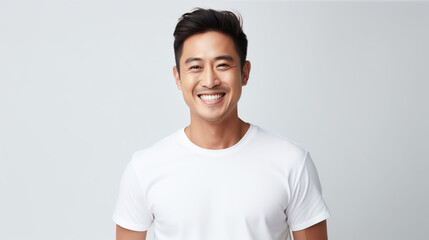  Asian man happy and happy, portrait of asian man with wow face, happy man, looks back at the camera, man wearing white t - shirt is delighted with light gray background. - obrazy, fototapety, plakaty