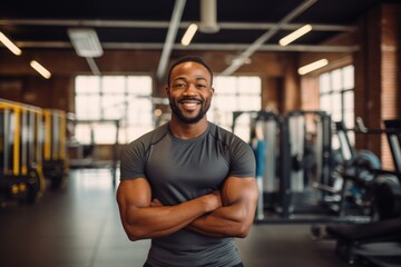 Obraz premium Smiling portrait of a happy young male african american fitness instructor in an indoor gym