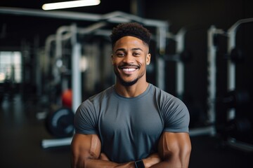 Smiling portrait of a happy young male african american fitness instructor in an indoor gym - Powered by Adobe