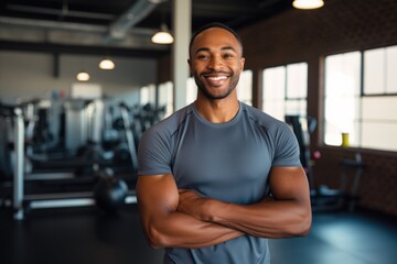 Fototapeta na wymiar Smiling portrait of a happy young male african american fitness instructor in an indoor gym