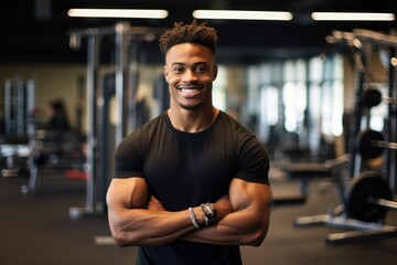 Smiling portrait of a happy young male african american fitness instructor in an indoor gym