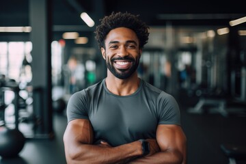 Obraz premium Smiling portrait of a happy young male african american fitness instructor in an indoor gym