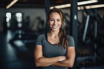 Smiling portrait of a happy young female caucasian fitness instructor working in an indoor gym