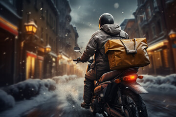 Fototapeta premium Delivery man on a motorbike with boxes in the city at night