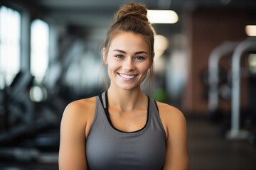 Smiling portrait of a happy young female caucasian fitness instructor working in an indoor gym