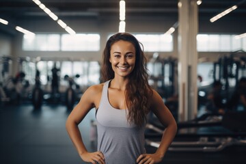 Fototapeta premium Smiling portrait of a happy young female caucasian fitness instructor working in an indoor gym