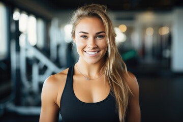 Smiling portrait of a happy young female caucasian fitness instructor working in an indoor gym