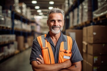 Fototapeta premium Smiling portrait of a happy middle aged warehouse worker or manager working in a warehouse