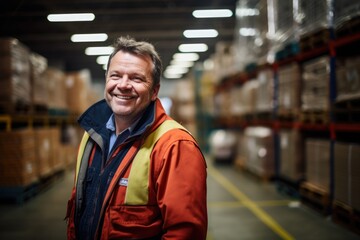 Smiling portrait of a happy middle aged warehouse worker or manager working in a warehouse