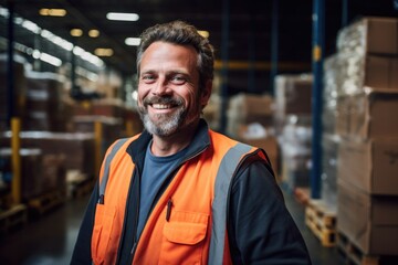 Fototapeta premium Smiling portrait of a happy middle aged warehouse worker or manager working in a warehouse