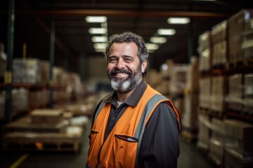 Smiling portrait of a happy middle aged warehouse worker or manager working in a warehouse