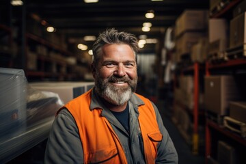 Fototapeta premium Smiling portrait of a happy middle aged warehouse worker or manager working in a warehouse