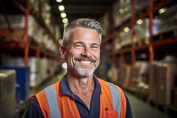 Fototapeta premium Smiling portrait of a happy middle aged warehouse worker or manager working in a warehouse