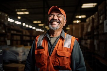 Smiling portrait of a happy middle aged warehouse worker or manager working in a warehouse