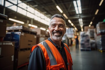 Smiling portrait of a happy middle aged warehouse worker or manager working in a warehouse