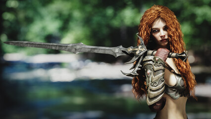 A female warrior stands holding a sword on a jungle background. 3d illustration render