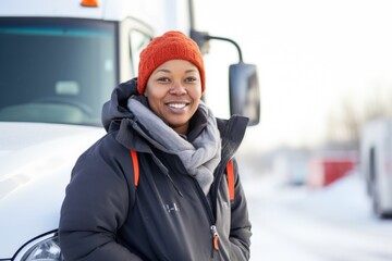 Smiling portrait of an african american female truck driver working for a trucking company