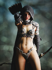 A hooded female warrior stands holding a bow on a jungle background. 3d illustration render