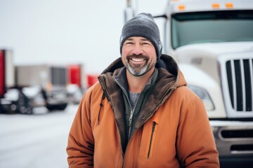 Smiling portrait of a happy middle aged caucasian male truck driver working for a trucking company