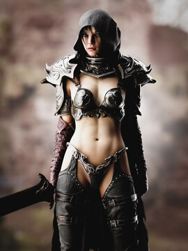 A hooded female warrior stands holding a sword on a jungle background. 3d illustration render
