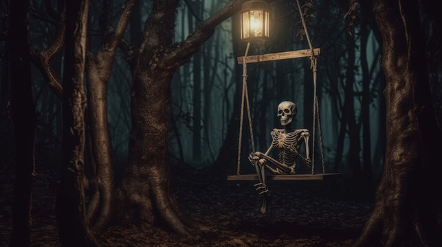 Halloween card with skeleton on a swing. Relaxing skeleton for party invitation on autumn holidays